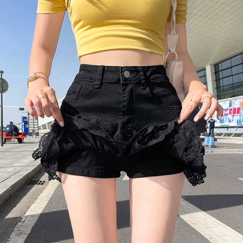 半身裙女夏蕾丝花边短款蓬蓬裙高腰显瘦百搭黑色蓬松牛仔裙蛋糕裙