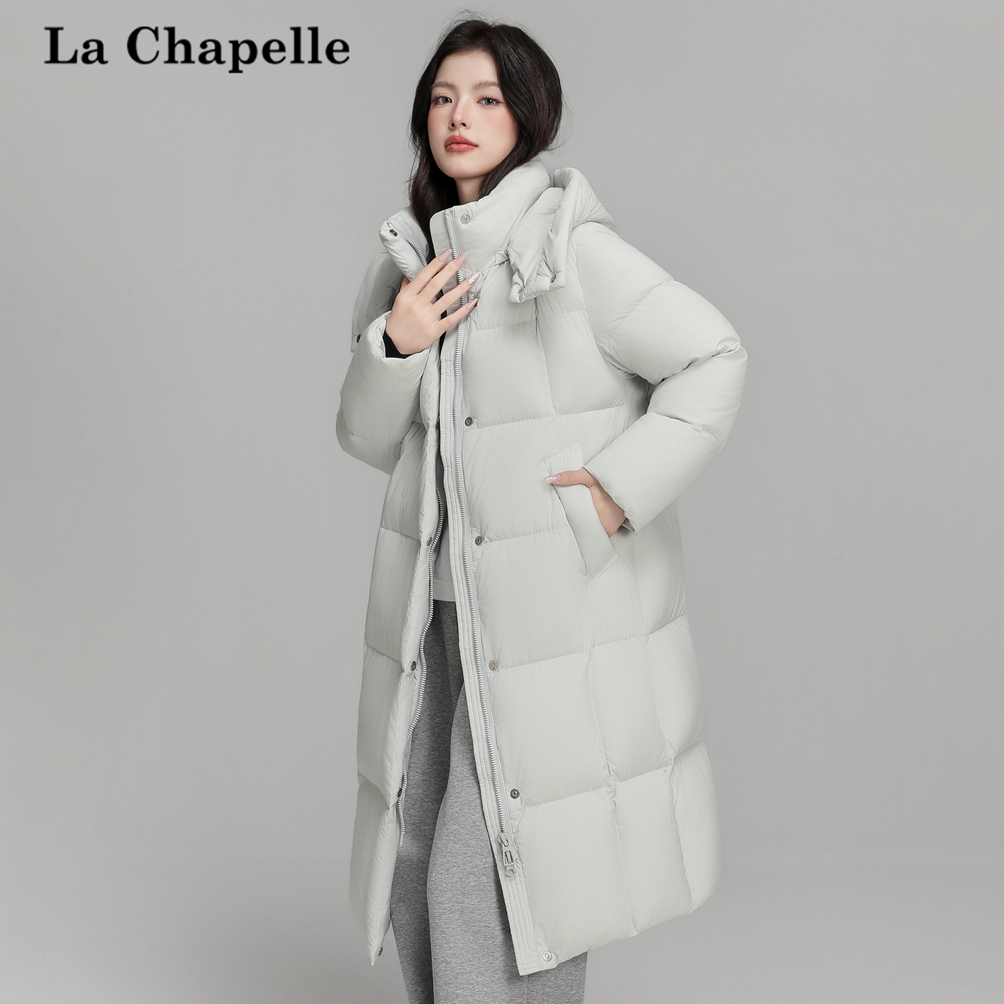 拉夏贝尔中长款加厚羽绒服女2025冬长款百搭连帽潮流保暖鸭绒外套