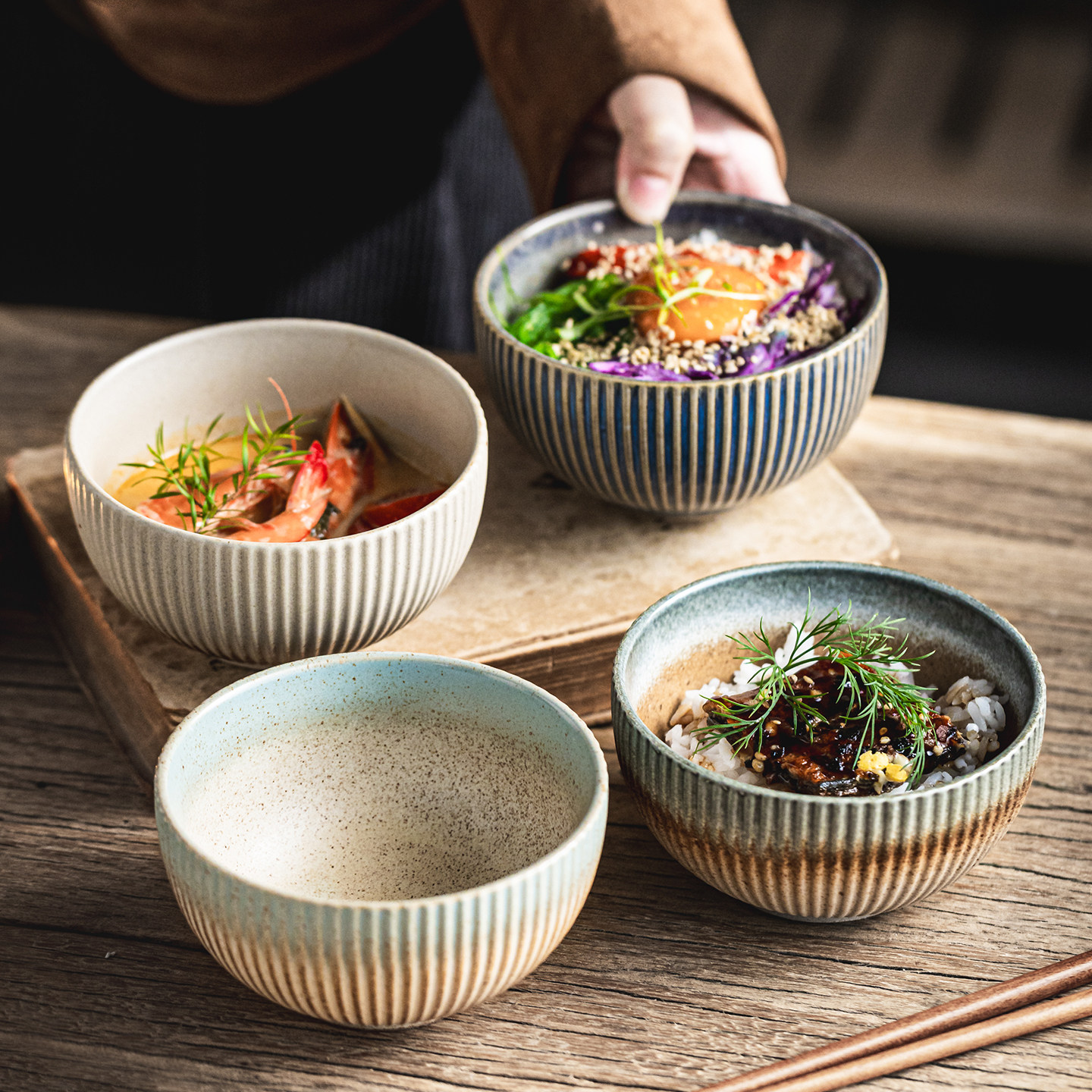复古风小菜碗陶瓷米饭碗饺子碗釉下彩汤碗面碗高颜值沙拉碗甜品碗