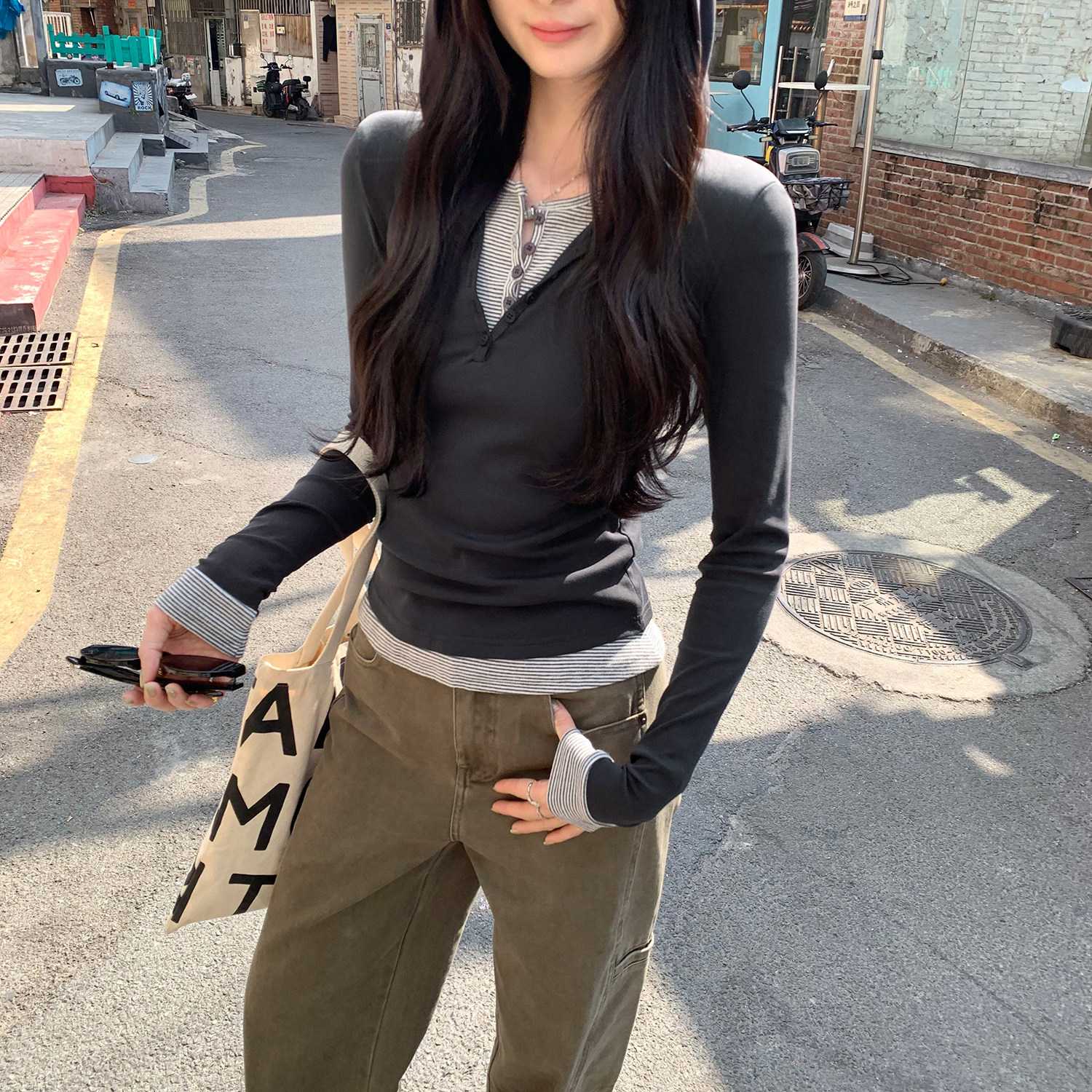 设计感条纹连帽假两件长