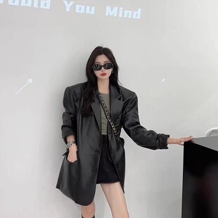 黑色pu小西服潮 韩系高级感机车风高街时尚 西装 皮衣外套女2025新款