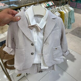 韩国童装 24夏新款男童宝时尚领结翻领T恤薄西装衬衣绅士三件套装