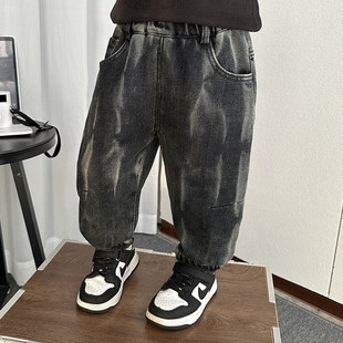 男童冬季加绒牛仔裤2024新款韩版儿童酷帅扎染休闲裤宝宝长裤子潮