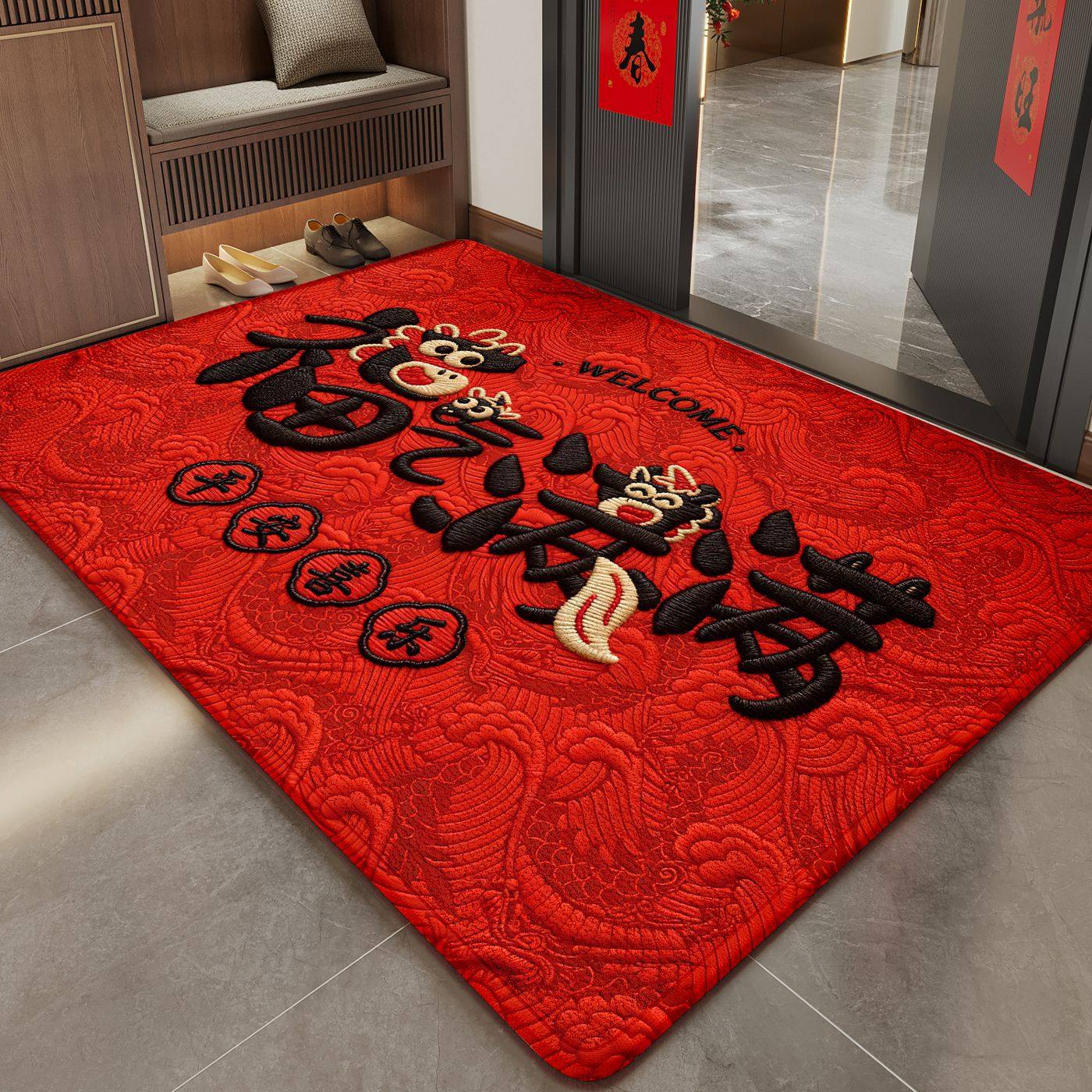 【下单立减50】红色喜庆硅藻泥地垫入户门仿刺绣防滑耐磨地垫_WF,居家布艺,入户地垫,淘宝优惠券,粉丝福利购,淘宝优惠卷