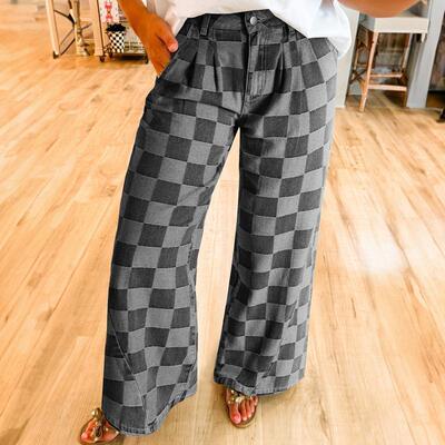 Women's Checkered Denim Wide Leg Jeans
