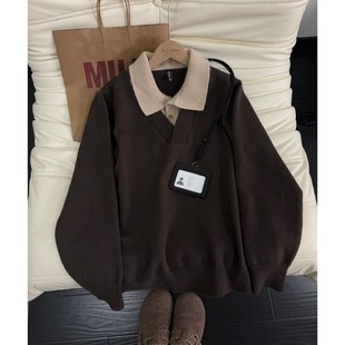 vintage老钱风复古针织毛衣男秋冬假两件拼接针织衫 慵懒风毛线衣