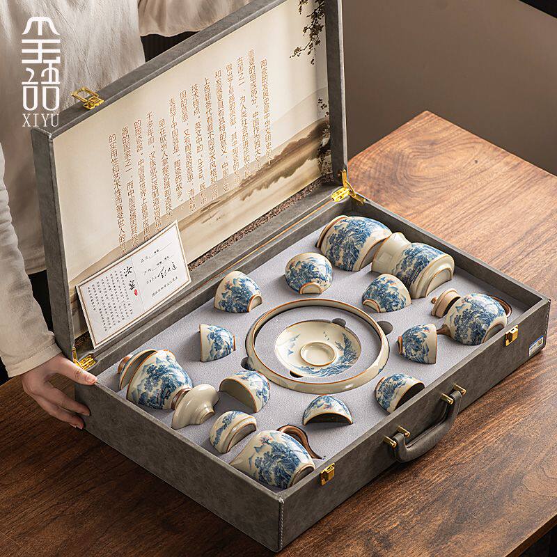 中式汝窑功夫茶具套装家用客厅待客轻奢高档泡茶壶盖碗整套礼盒装