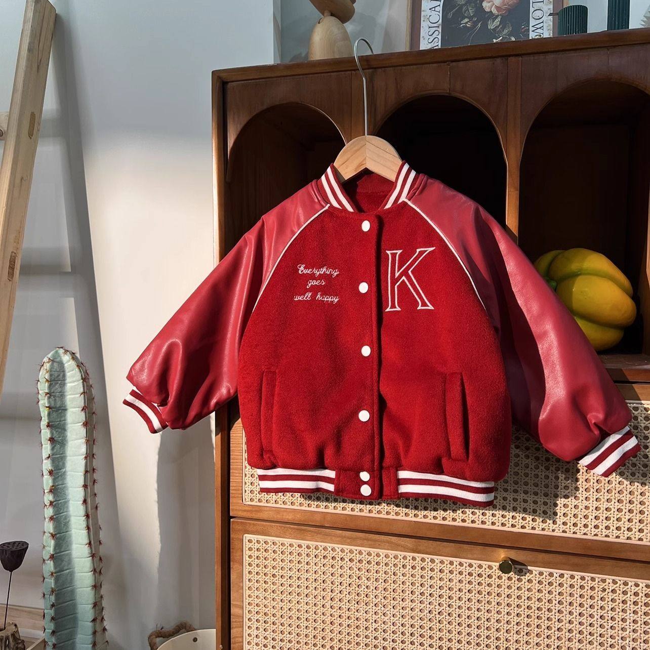 儿童外套男女童刺绣拼接拜年服男童外套秋冬加厚夹棉棒球服夹克潮