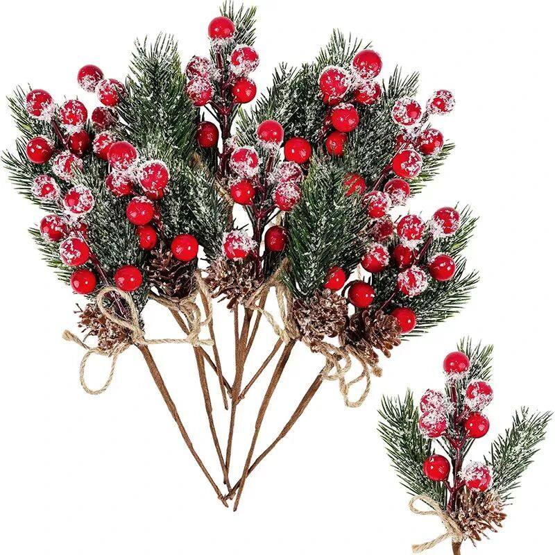 5pcs Christmas Berry Flocking Red Stem Holly Pine Fruit Arti