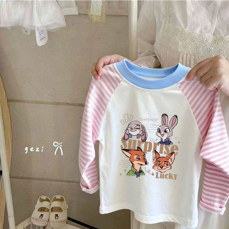 男童女童新款纯棉长袖时尚卡通疯狂动物城拼接春秋季儿童童装T恤