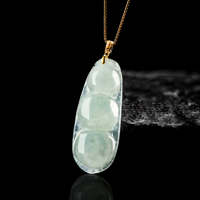 天然缅甸A货翡翠四季豆吊坠18K金扣镶冰种玉石挂件花件女款玉坠项