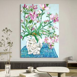 鸢尾花肌理油画纯手绘玄关装 饰画客厅小清新挂画抽象丙烯花卉壁画