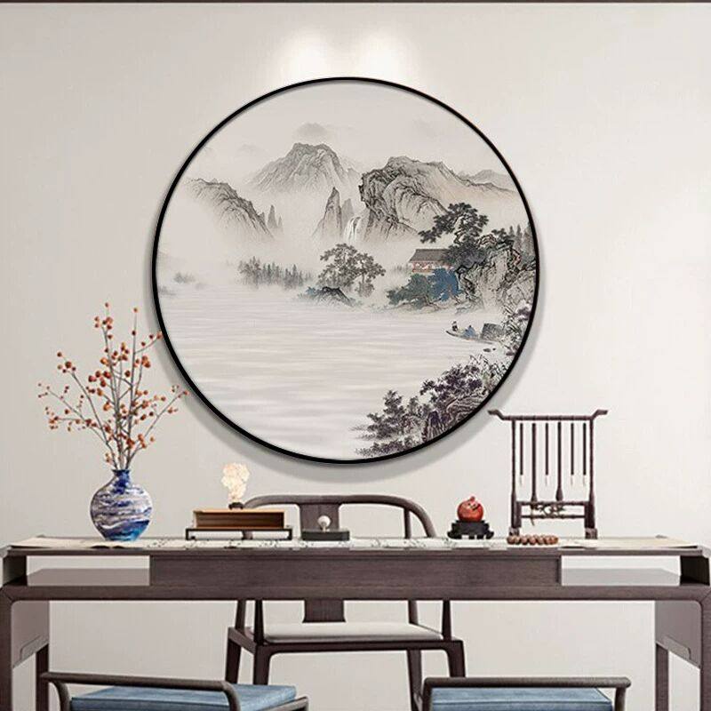 新中式装饰画禅意山水画玄关餐厅圆形挂画书房茶室背景墙客厅壁画,家居饰品,现代装饰画,淘宝优惠券,粉丝福利购,淘宝优惠卷
