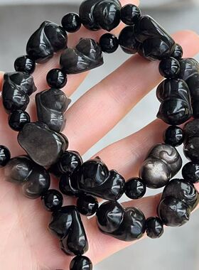 天然银耀石趴趴猫手链新中式复古黑色手串招财上岸男女款情侣款厂