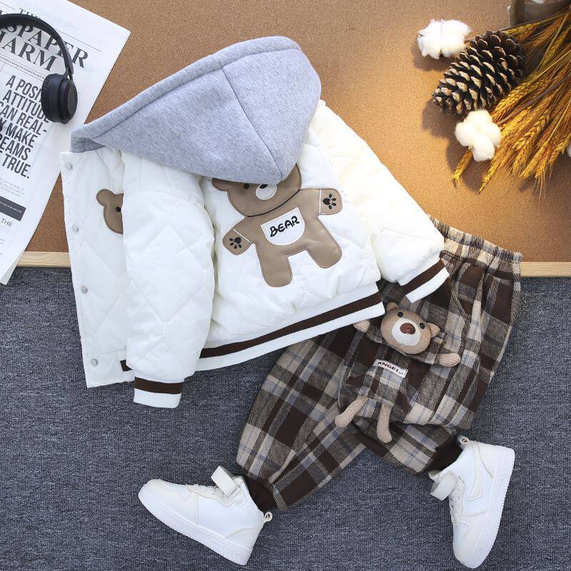 儿童带帽宝宝加绒外套加厚男女童棉衣新款洋气两件套帅气夹克套装