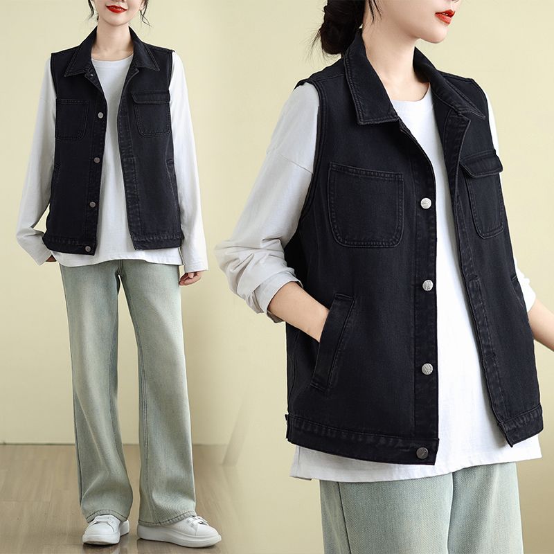 黑色牛仔马甲女春秋2024新款爆款宽松百搭小个子无袖坎肩外搭上衣