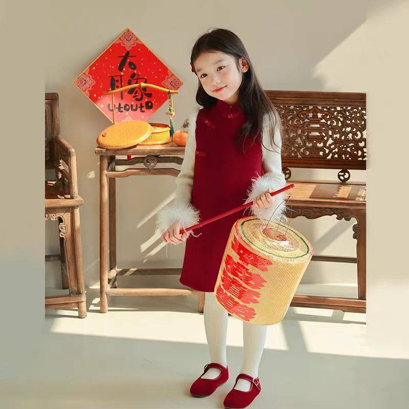 拜年服女童红色背心裙秋冬款2024新款儿童国风加厚旗袍裙周岁礼服