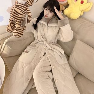 厚实三层夹棉睡衣珊瑚绒睡衣女秋冬季法兰绒加绒保暖外穿套装