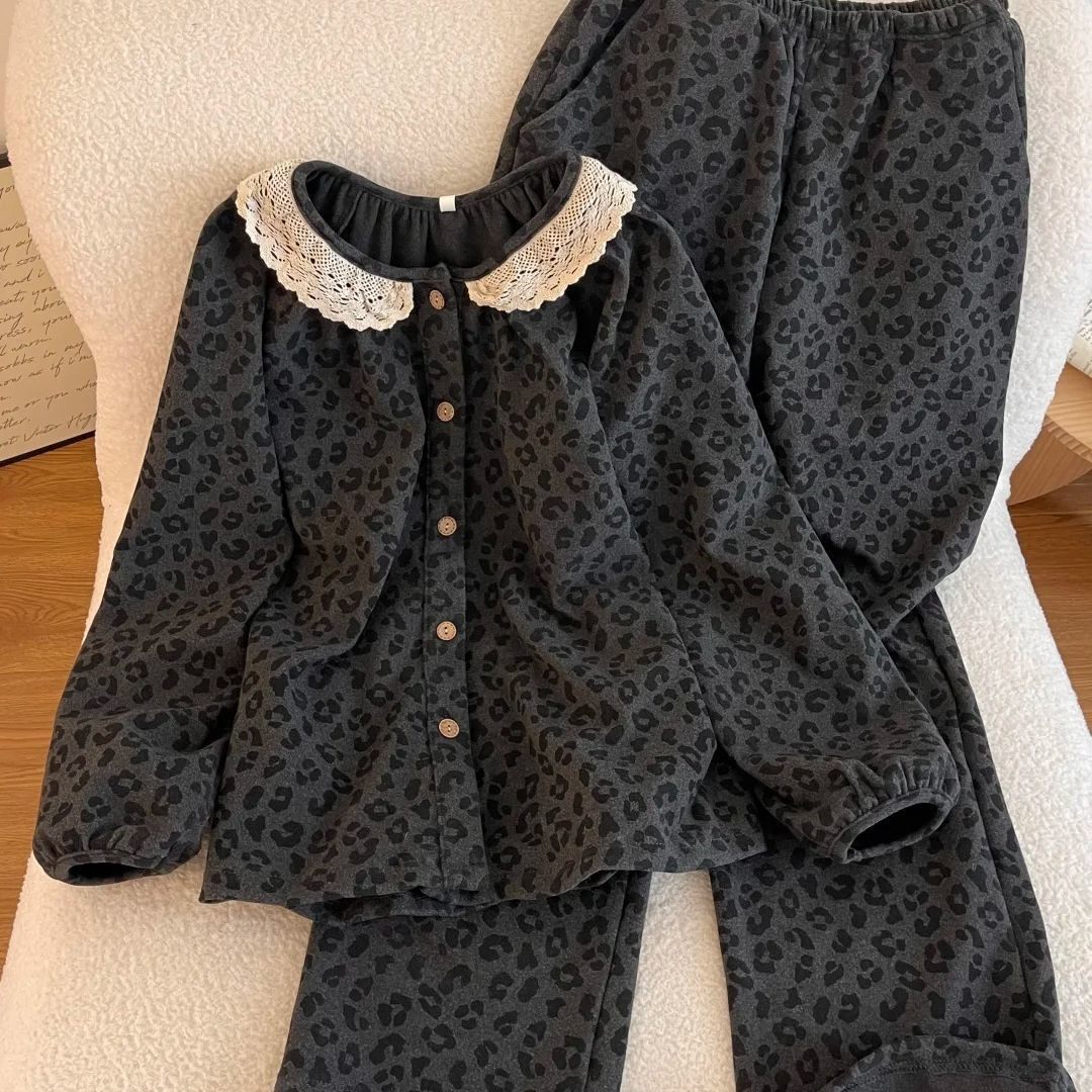 德绒保暖豹纹睡衣女秋冬季简约韩版花边圆领长袖可外穿家居服套装,女装/女士精品,真丝上装,淘宝优惠券,粉丝福利购,淘宝优惠卷