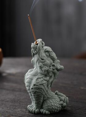青砂石国潮泡泡龙可爱茶宠麒麟吐珠香插摆件茶室书房装饰雅致单品