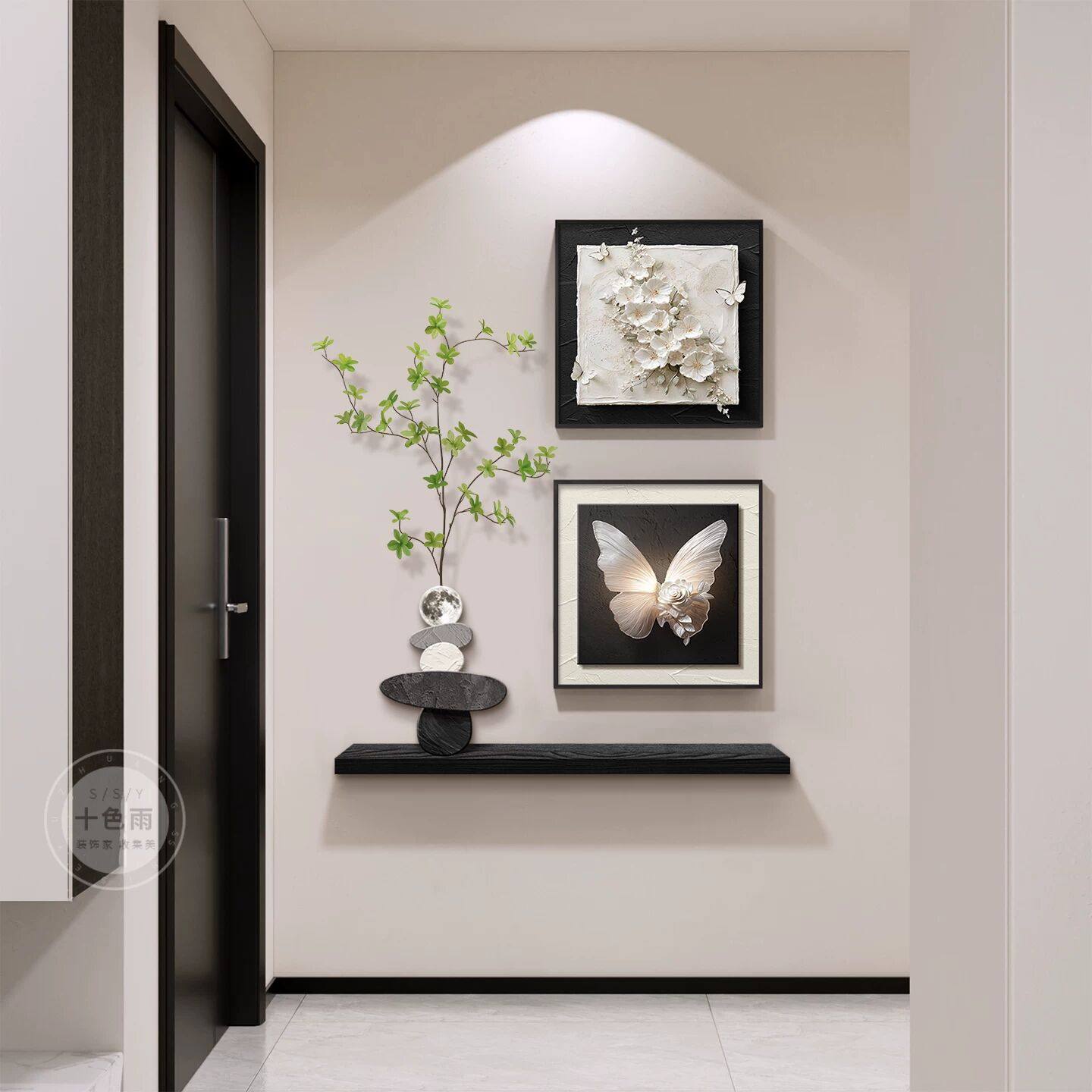 现代简约入户玄关装饰画蝴蝶花卉客厅挂画黑白高级感过道走廊壁画
