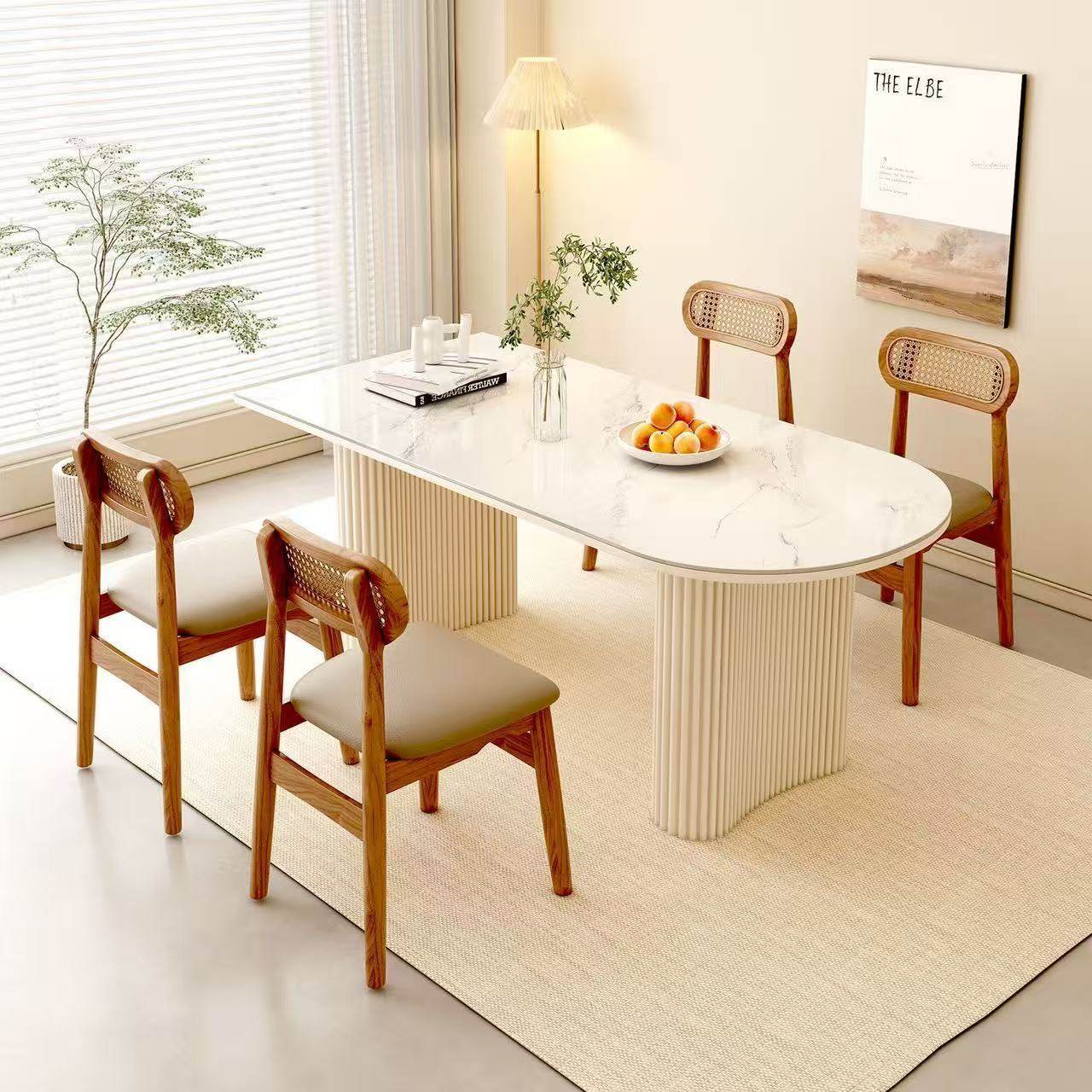 奶油实木椭圆形餐桌餐桌椅复古家用组合小户型法式岛台简约饭桌