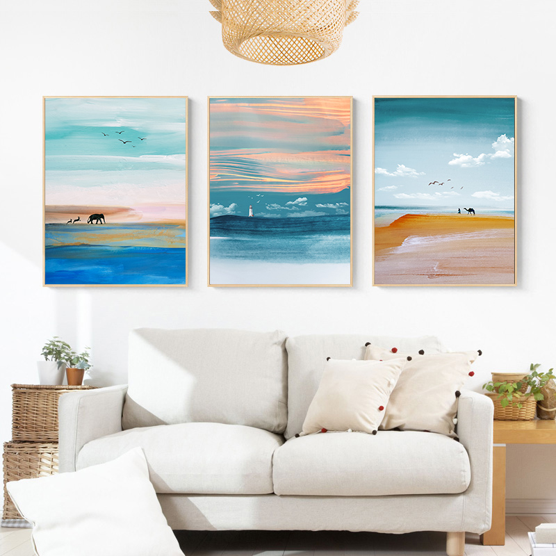 北欧客厅装饰画粉色现代餐厅壁挂画海景日出油画感温馨抽象卧室画