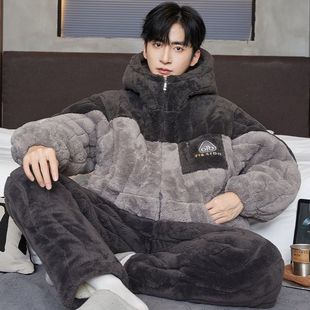 厚实三层夹棉睡衣男士睡衣冬季珊瑚绒青少年加大码学生家居服