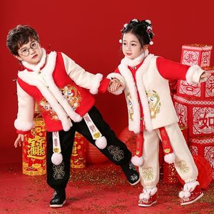 新年汉服女童拜年服男童中国风周岁宝宝装加绒加厚儿童喜庆过年服