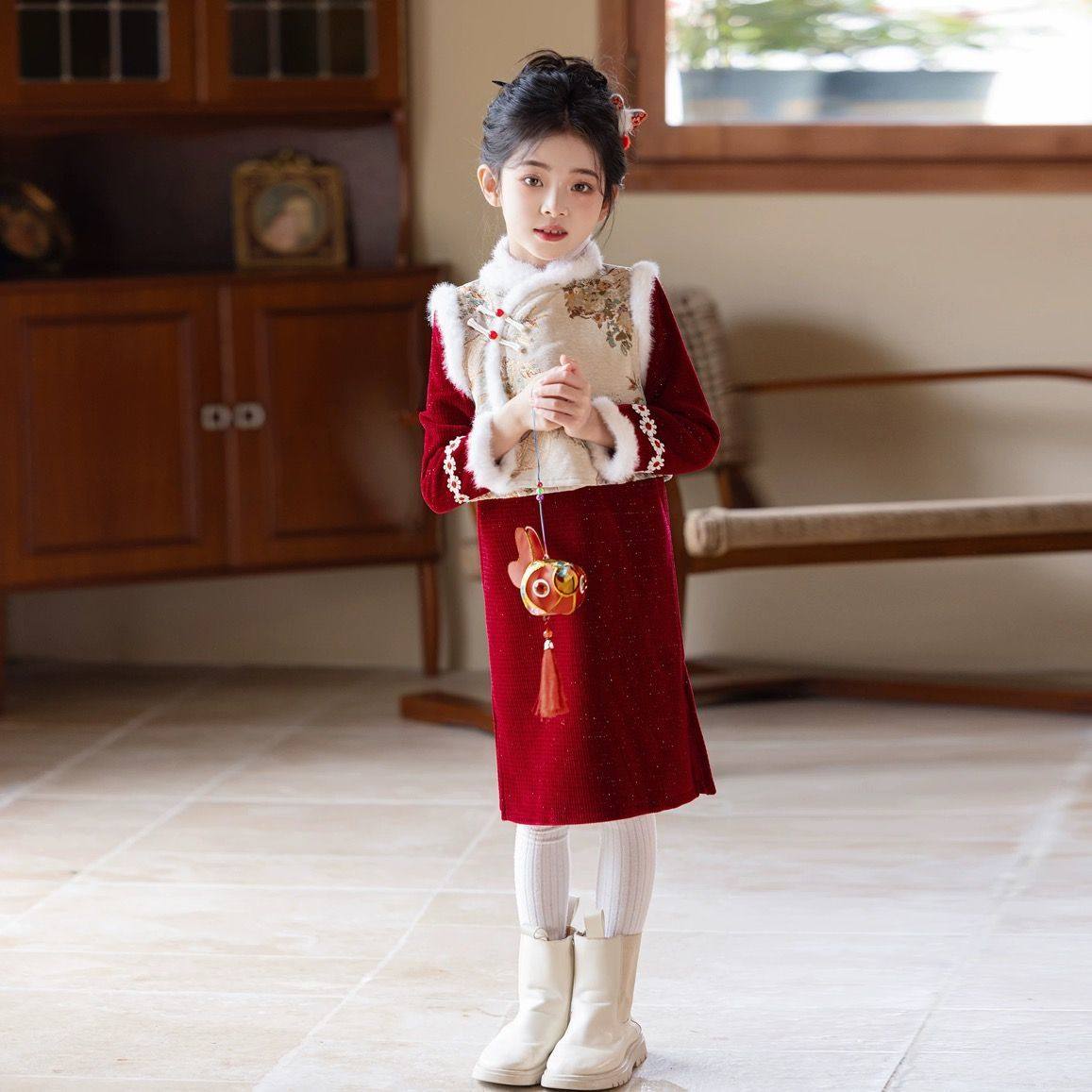 红色女童新年旗袍秋冬季加绒生日礼物儿童新中式国风女孩拜年服,童装/婴儿装/亲子装,旗袍,淘宝优惠券,粉丝福利购,淘宝优惠卷