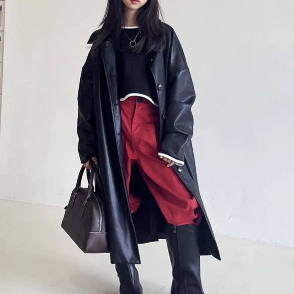儿童时髦洋气黑色红色中长款PU皮衣女童大童大衣外套童装个性
