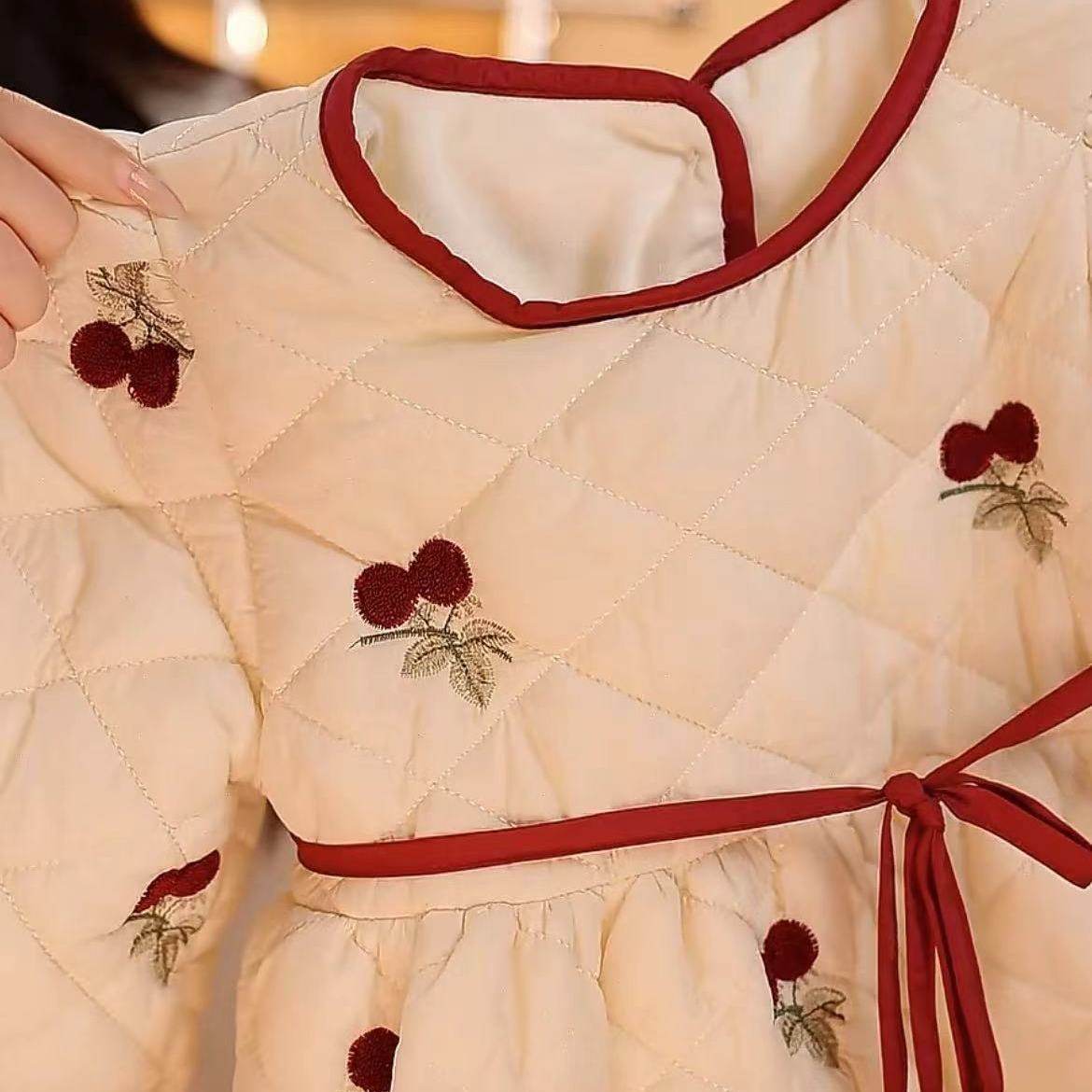 女童加绒加棉红色拜年服冬款韩版宝宝保暖裙子周岁礼服裙圣诞裙子