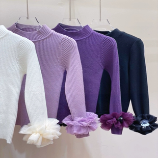 秋冬款女童打底衫针织衫儿童蕾丝花边百搭紫色针织套头衫中大童