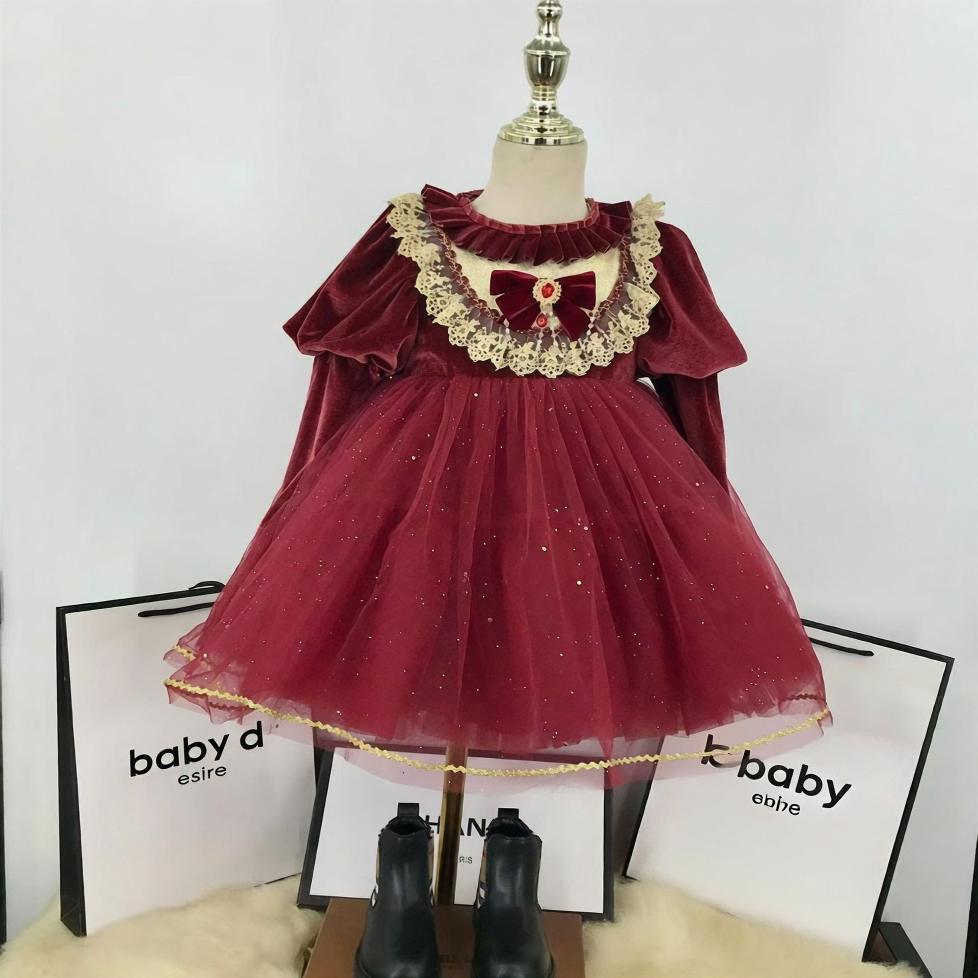 女童加绒连衣裙蓬蓬裙新年裙圣诞裙公主裙丝绒连衣裙蛋糕裙中大童