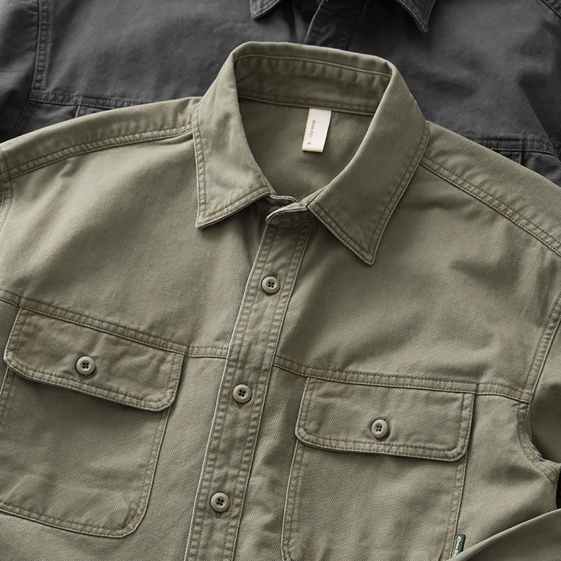 重磅美式复古工装衬衫男双口袋纯棉加厚阿美咔叽落肩宽松衬衣外套