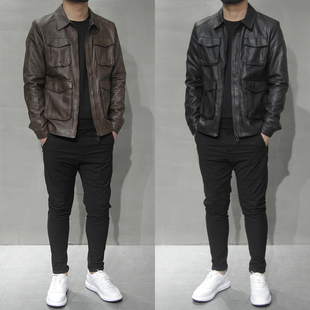 休闲翻领PU机车皮衣 修身 2023秋冬新款 皮夹克男多口袋上衣外套韩版