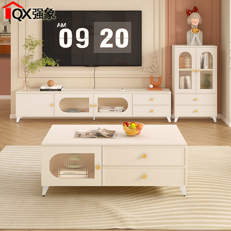 法式奶油风落地茶几电视柜组合现代简约客厅边柜定制小户型D90,住宅家具,电视柜,淘宝优惠券,粉丝福利购,淘宝优惠卷