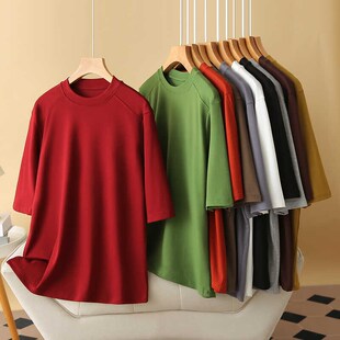 五分袖 早秋新款 200斤胖mm圆领宽松遮肚简约大码 打底衫 t恤 休闲中袖