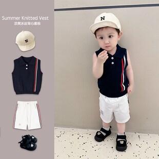 儿童冰丝针织背心夏季新款男童凉爽透气翻领马甲婴童夏天坎肩上衣