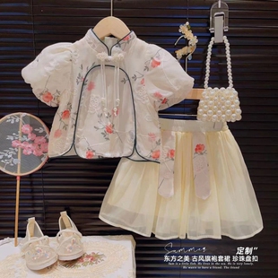 大家闺秀双版本女童国风花朵提花短裙两件套2023夏装汉服旗袍裙子