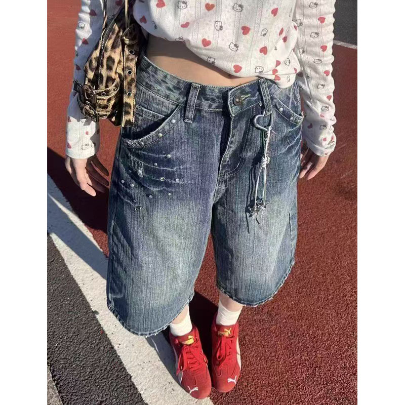 大码美式复古镶钻牛仔七分裤女