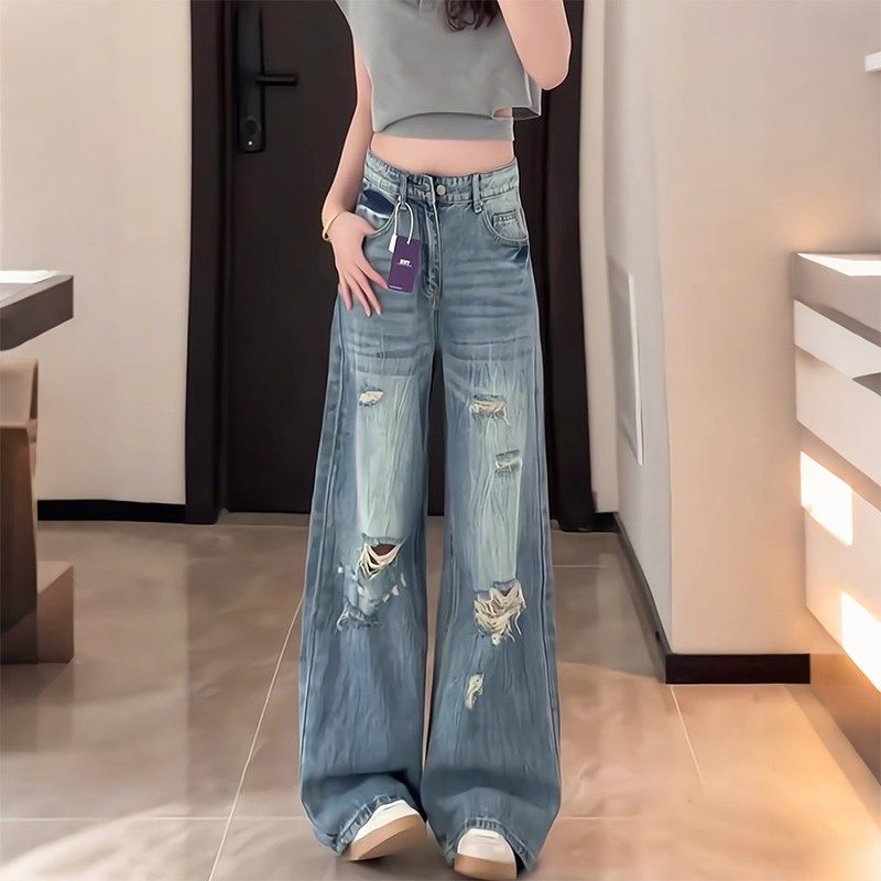 300斤胖mm大码女装复古破洞牛仔裤女梨型身材高腰显瘦阔腿拖地裤,女装/女士精品,大码裤装,淘宝优惠券,粉丝福利购,淘宝优惠卷
