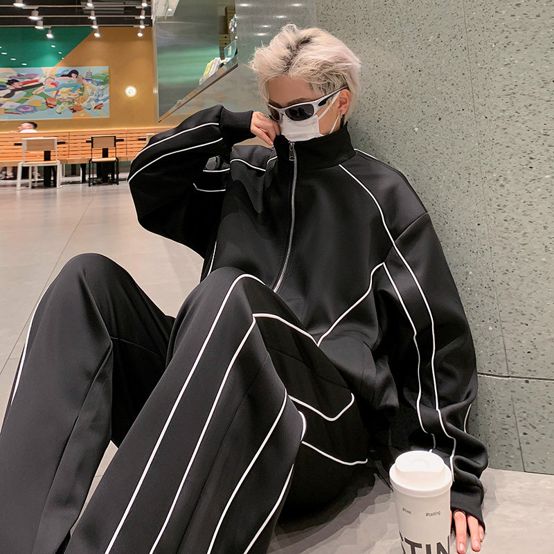 时尚小众撞色立领夹克套装男士帅气搭配一套直筒运动阔腿拖地裤子,男装,休闲运动套装,淘宝优惠券,粉丝福利购,淘宝优惠卷