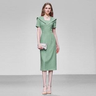 2025夏季新款气质优雅大翻领简约短袖收腰长版湖绿色洋装清