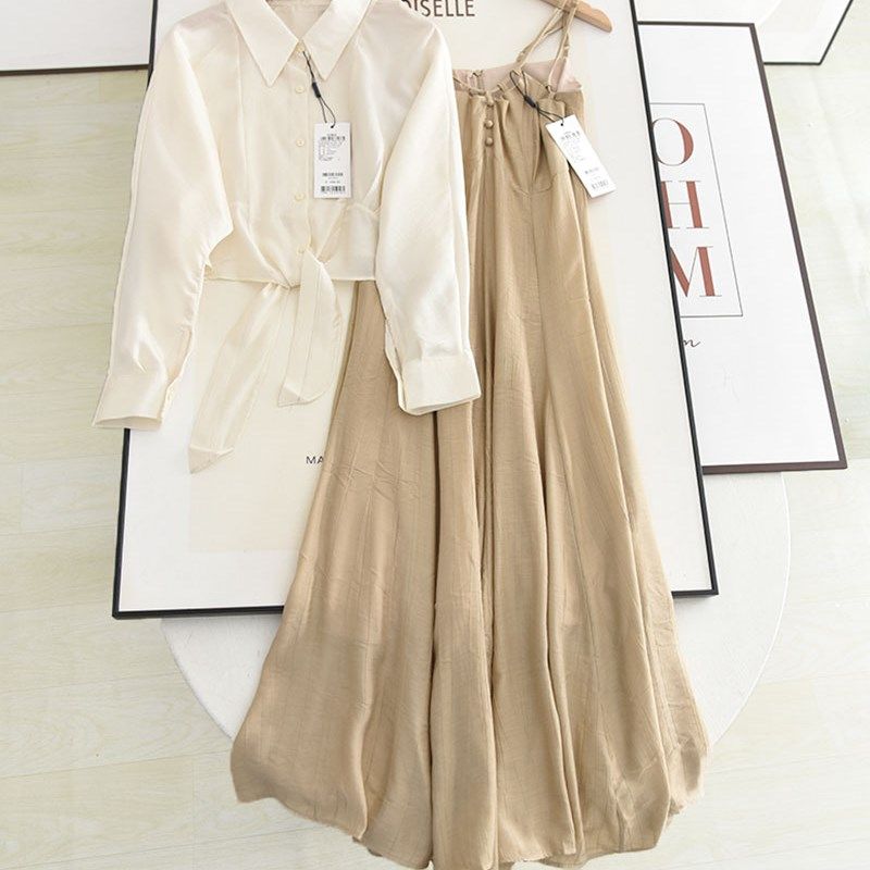 诗系薄款系带防晒衬衫+双肩带显瘦中长款吊带连衣裙两件套装,女装/女士精品,时尚套装,淘宝优惠券,粉丝福利购,淘宝优惠卷