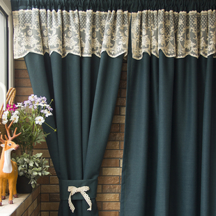 美式乡村复古墨绿色刺绣蕾丝纱幔隔断棉麻门窗帘穿杆卧室客厅田园