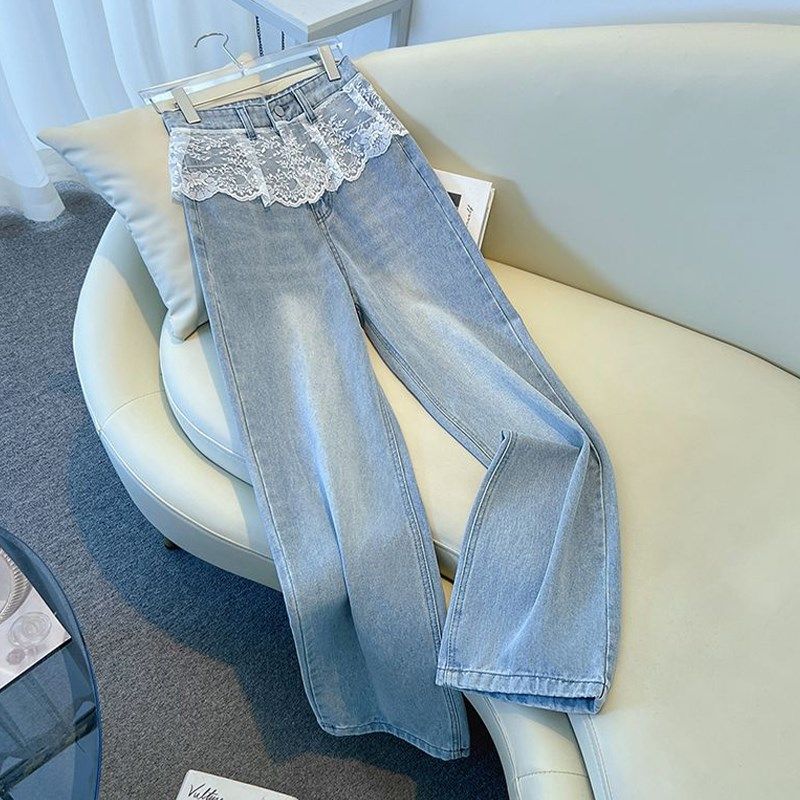 特大码胖mm韩系浅蓝色直筒牛仔裤女拼接设计蕾丝边女裤显瘦阔腿裤,女装/女士精品,大码裤装,淘宝优惠券,粉丝福利购,淘宝优惠卷