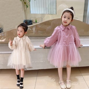 洋气新款2-8岁女童春装连衣裙网纱裙宝宝公主裙纯色春秋长袖裙子