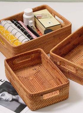 越南秋藤编收纳箱手工编织收纳筐杂物整理箱方形实木质桌面收纳框