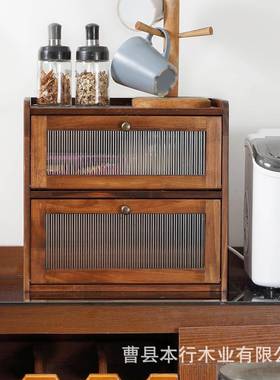 木质双层面包箱点心储存箱厨房台面调味品收纳箱翻盖式面包箱储物